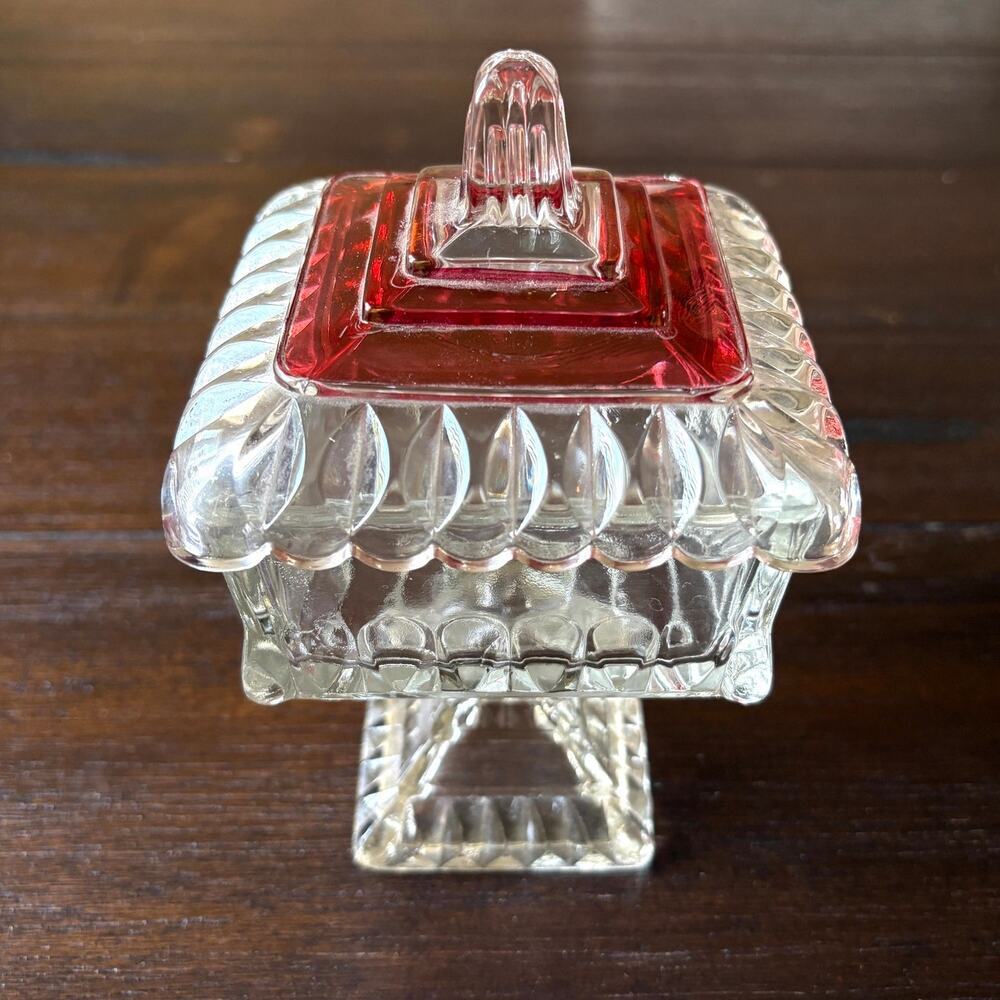 Vintage Glass Candy Dish Ruby Flash Lid Footed Compote Mismatched Eclectic 30s